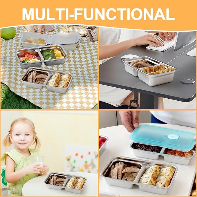 Reusable Snack Containers with Lids, Stainless Steel Snack Containers, Double Compartment Condiment Bowls, Meal Prep Lunch Box, Takeout, Travel and Camping Food Storage (4PCS)