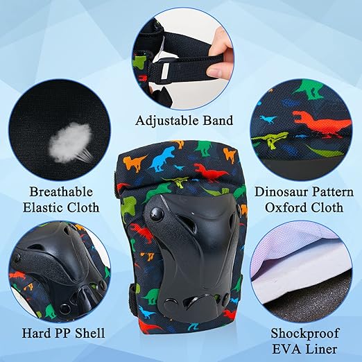 FIODAY Knee Pads for Kids Dinosaur Knee Elbow Pads Wrist Guards with Drawstring Bag Adjustable 7 in 1 Protective Gear Set for Boys Inline Skating Bike Cycling Skateboard Scooter, 3-8 Years, Black