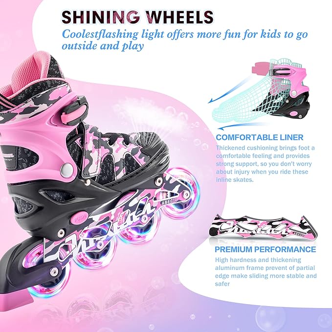 Kuxuan Boys Adjustable Inline Skates with Light up Wheels, Fun Illuminating Skates for Kids Girls Youth