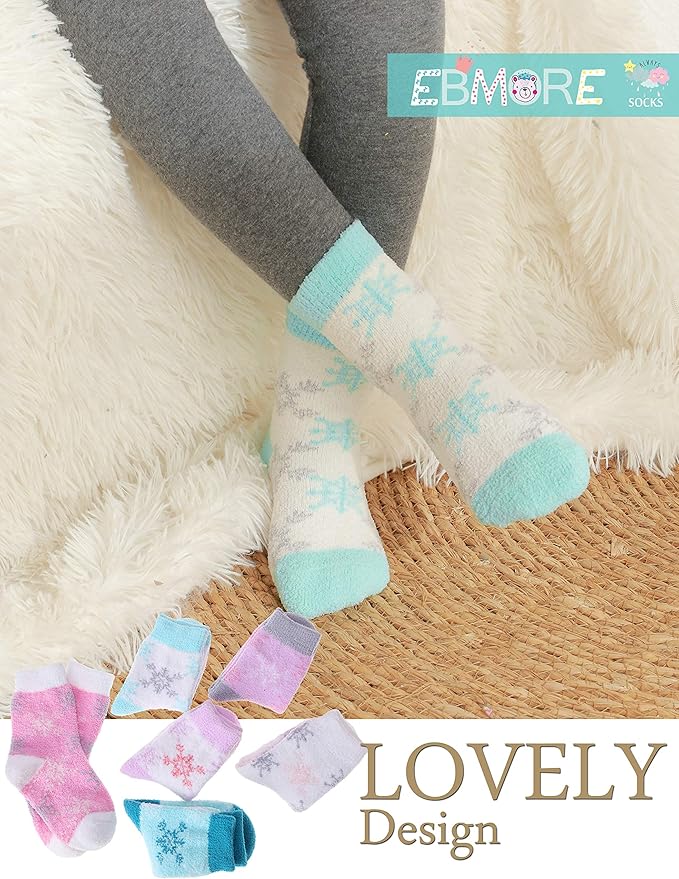 EBMORE Girls Kids Toddler Fuzzy Socks with Grips Non Slip Slipper Socks Crew Cabin Cozy Fluffy Warm Winter Socks 6 Pairs
