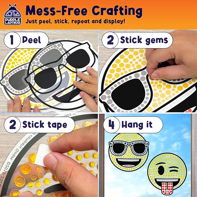 SUNGEMMERS Emoji Cool & Wink Window Art Kit - DIY Diamond Art Suncatcher Craft for Kids Ages 6-12 - Creative Gift for Girls, Boys, Mess-Free Arts & Crafts Set with 1000+ Gem Stickers, Templates