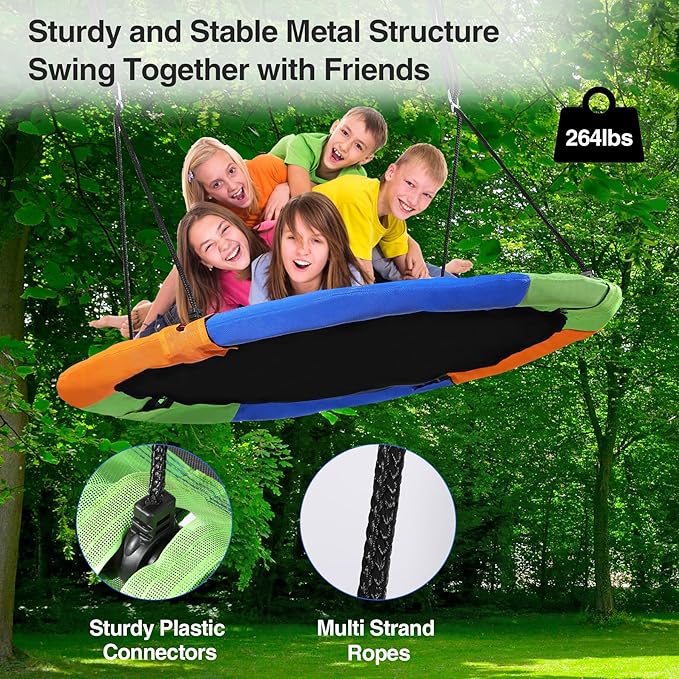 RedSwing 43" Flying Saucer Tree Swing for Kids Outdoor, Waterproof Large Round Swings Seat with Adjustable Hanging Straps for Backyard Outdoor Indoor Playground, Green Orange Blue