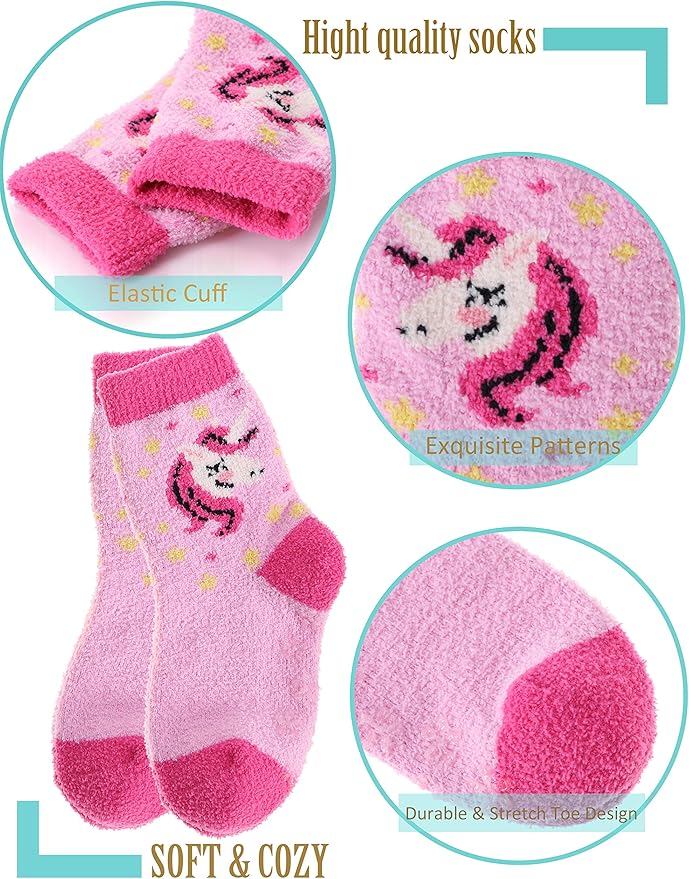 EBMORE Girls Kids Toddler Fuzzy Socks with Grips Non Slip Slipper Socks Crew Cabin Cozy Fluffy Warm Winter Socks 6 Pairs