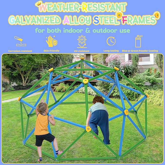 Gardenature 6FT Climbing Dome for Kids 3-8, Jungle Gym for Indoor and Outdoor, Geometric Dome Climber Supporting 440 Lbs Anti-Rust Metal Play Structure, Kids Gift Toys, ASTM Approved, Blue & Green