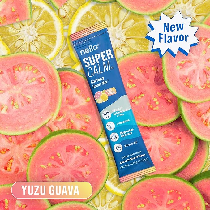 Nello Supercalm Drink Mix - Ashwagandha KSM 66, Magnesium Glycinate & L-Theanine Supplement, Vitamin D3 - Ashwagandha Root Extract - Focus and Relaxation Support (20 Travel Packets) - Yuzu Guava
