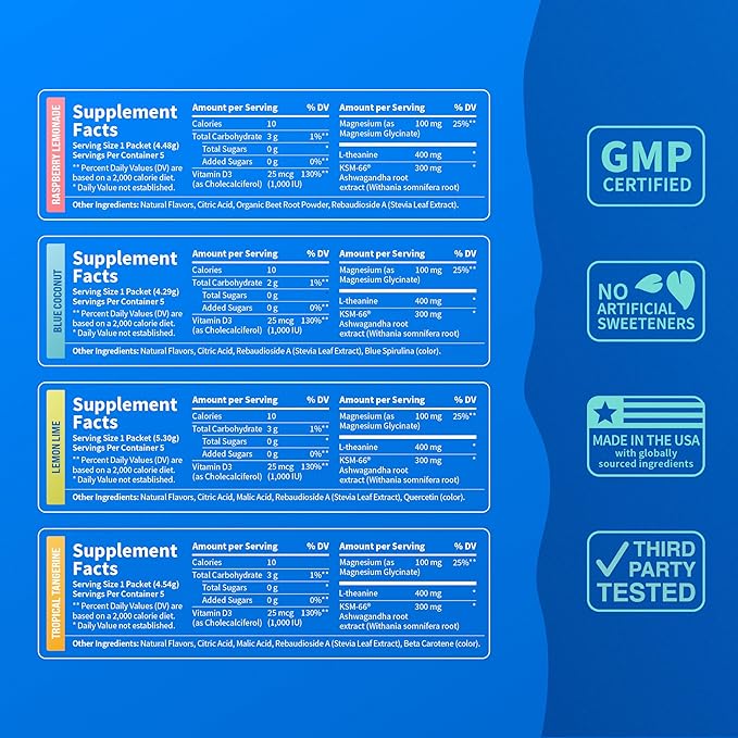 Nello Supercalm Drink Mix - Ashwagandha KSM 66, Magnesium Glycinate & L-Theanine Supplement, Vitamin D3 - Ashwagandha Root Extract - Focus and Relaxation Support (20 Travel Packets) - Variety Pack