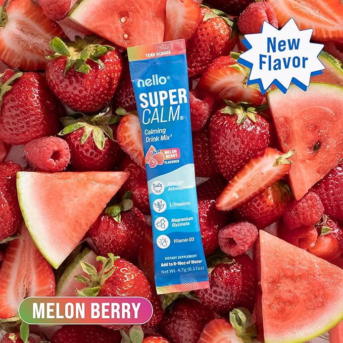 Nello Supercalm Drink Mix - Ashwagandha KSM 66, Magnesium Glycinate & L-Theanine Supplement - Ashwagandha Root Extract - Focus and Relaxation Support (20 Travel Packets) - Melon Berry