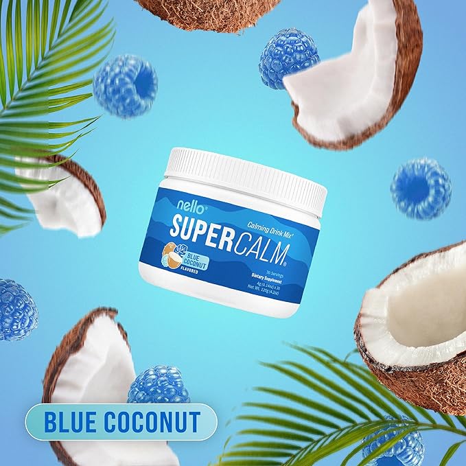 Nello Supercalm Powdered Drink Mix, Blue Coconut, L Theanine, Ksm-66 Ashwagandha, Magnesium Glycinate, Vitamin D 3, Supplements for Relaxation & Focus, No Sugar, Non GMO, On The Go, 30 Srvgs