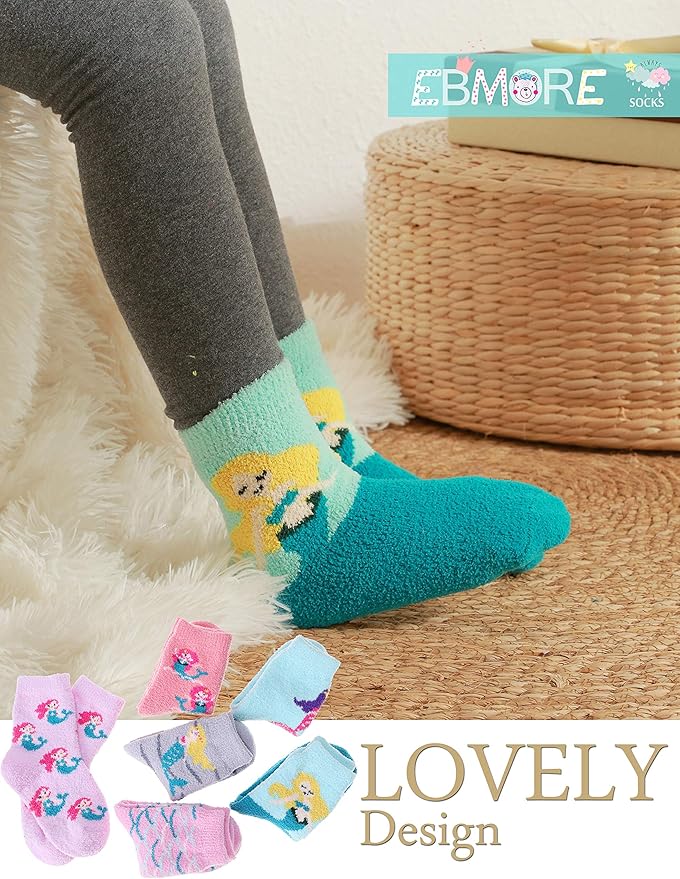 EBMORE Girls Kids Toddler Fuzzy Socks with Grips Non Slip Slipper Socks Crew Cabin Cozy Fluffy Warm Winter Socks 6 Pairs