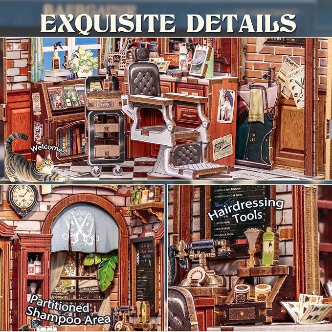 Cutefun Book Nook Kit - DIY Miniature Dollhouse Kit for Adults and Teens, Barbershop Mini House Building Kit with LED Bookshelf Insert Decor Creative Gifts (John's Hair Salon)