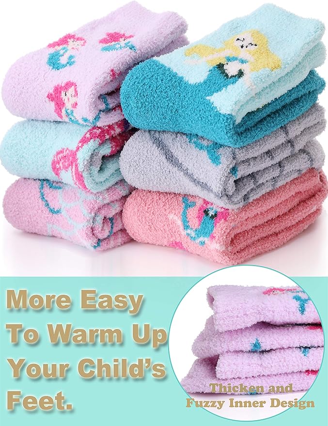 EBMORE Girls Kids Toddler Fuzzy Socks with Grips Non Slip Slipper Socks Crew Cabin Cozy Fluffy Warm Winter Socks 6 Pairs