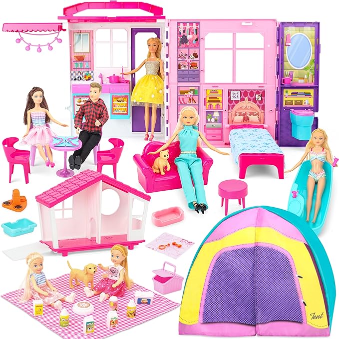 Doll House Portable & Foldable Dollhouse w/ 60+ Pcs & 2 Dolls, Play House Toy with Bedroom Kitchen Pet House Camping Playset, Playhouse Birthday Gift for Girl Kid Toddler