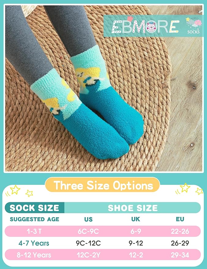 EBMORE Girls Kids Toddler Fuzzy Socks with Grips Non Slip Slipper Socks Crew Cabin Cozy Fluffy Warm Winter Socks 6 Pairs