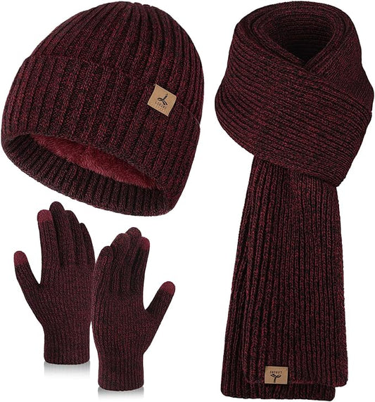 3 PCS Winter Hat Scarf Gloves Set, Soft Warm Knit Beanie Hat Touchscreen Gloves Long Knitted Scarf Set Winter Gifts for Men