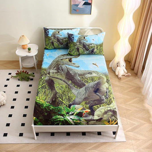 Dinosaurs Bed Sheets Full for Boys,3D Realistic Dinosaurs Green Fitted Sheets Set Ancient Jungle Dinosaur Bed Sheet Kids Soft Microfiber Bedding Sheets Set (Blue Sky Dinosaur, Full)
