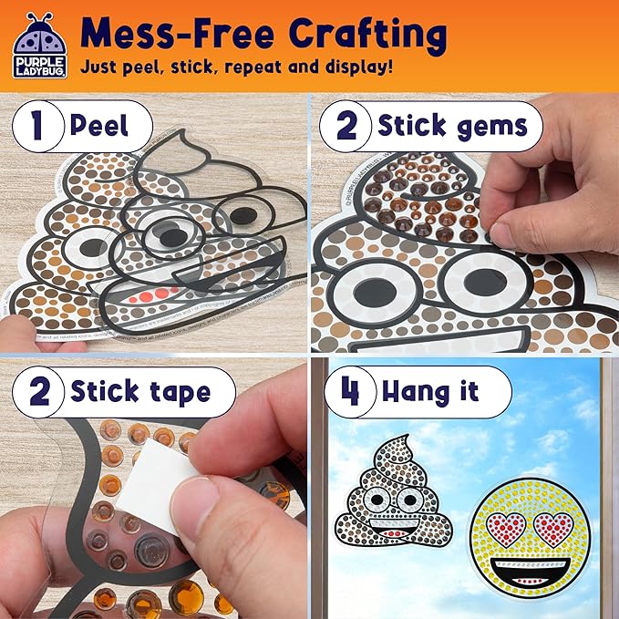SUNGEMMERS DIY Gemstone Craft Kit – Emoji Poo & Love Designs - Arts and Crafts for Kids Ages 6-12 Girls & Boys - Suncatcher Kit for Girls Birthday Gifts, Summer Toys, Window Diamond Art