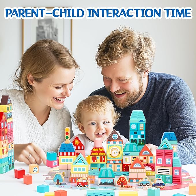 VigorFun 100 PCS Wooden Building Blocks Set - City Builder Stacking Toy with Storage Bag, Montessori Preschool Toys for Kids Toddlers Birthday Gifts Ages 3+