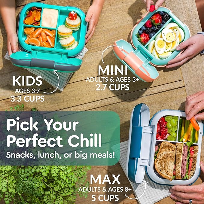 Bentgo Chill Kids Leak-Proof Lunch Box - 4-Compartment Bento Box with Built-In Ice Pack, 3.3 Cup Capacity, PFAS & BPA-Free, Microwave & Dishwasher Safe, Ideal Size for Ages 3 to 7 (Green/Navy)
