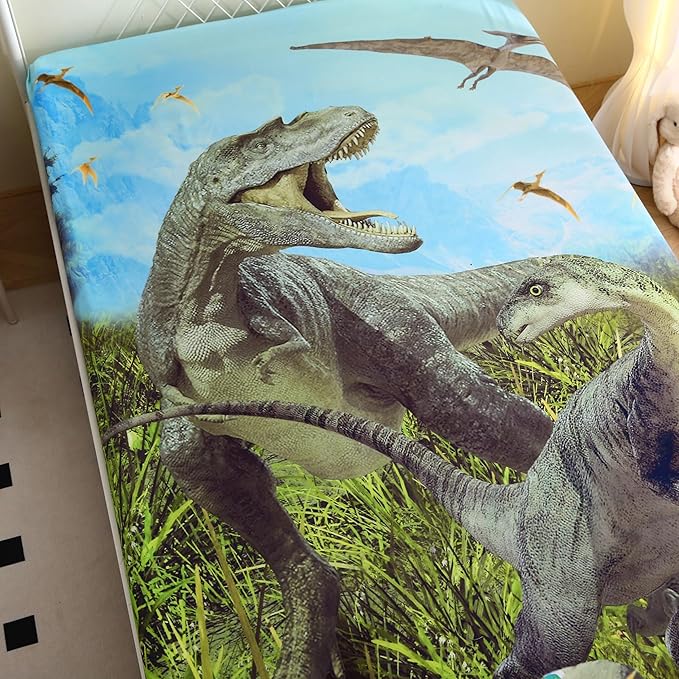 Dinosaurs Twin Bed Sheet Set, 3D Realistic Ancient Jungle Dinosaur Fitted Sheet, Soft Microfiber Bedding Sheets (Green)