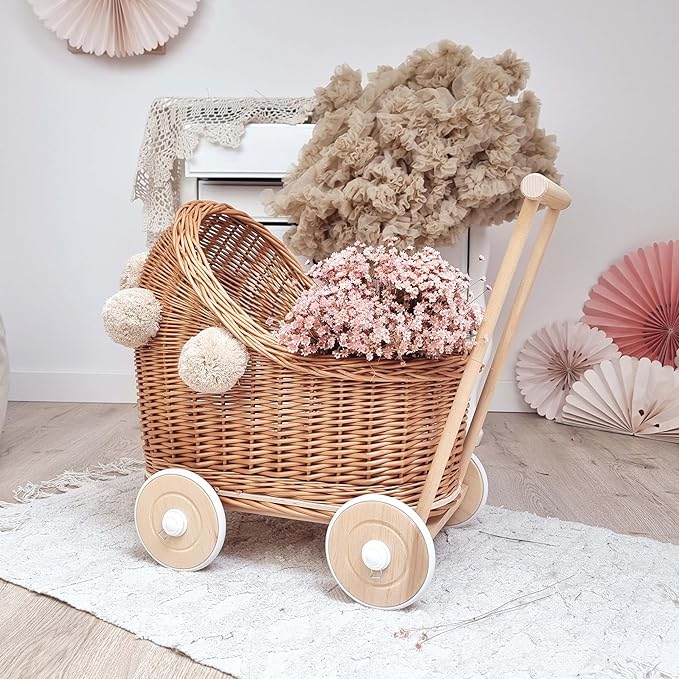 Artisanal Handwoven Rattan Doll Stroller & Pram - European Made for 17 inch Baby Dolls | Includes Mattress, Pillow & Blanket | Perfect for Imaginative Play, Role Play & Room Décor
