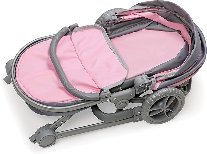 Badger Basket Foldable Doll Stroller & Pram for Dolls - Convertible Toy with Canopy, Basket & Soft Handle - Lightweight, Easy to Use for Girls Ages 3+- Gray/Pink