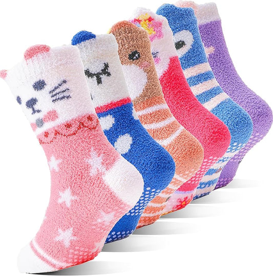 EBMORE Girls Kids Toddler Fuzzy Socks with Grips Non Slip Slipper Socks Crew Cabin Cozy Fluffy Warm Winter Socks 6 Pairs