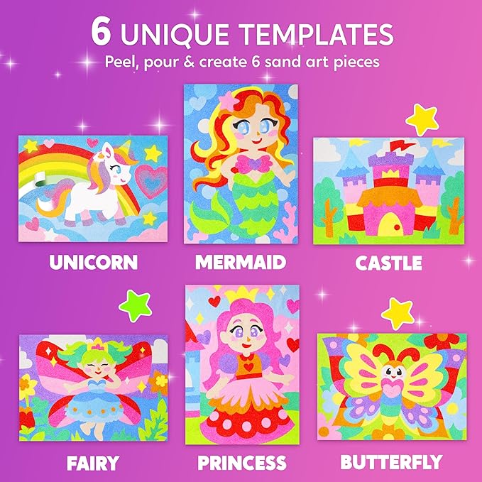 Klever Kits Glow Sand Art Kits for Kids, Glow in The Dark Sand Painting with 14 Colors, Kids Crafts, 6 Fantasy Templates & 4 DIY Sheets, Mess Free Arts and Crafts, Unicorn Gifts for Girls Ages 5+