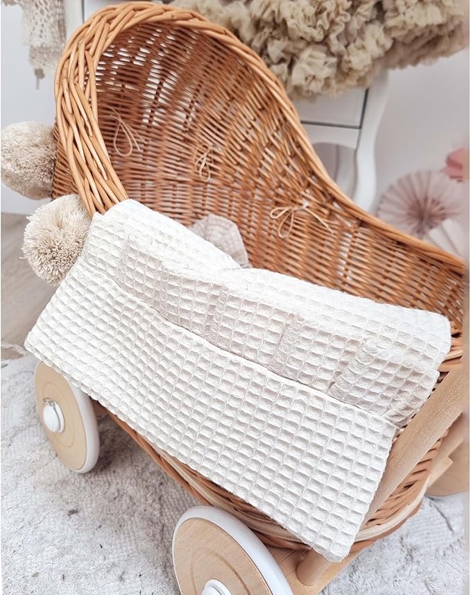 Artisanal Handwoven Rattan Doll Stroller & Pram - European Made for 17 inch Baby Dolls | Includes Mattress, Pillow & Blanket | Perfect for Imaginative Play, Role Play & Room Décor