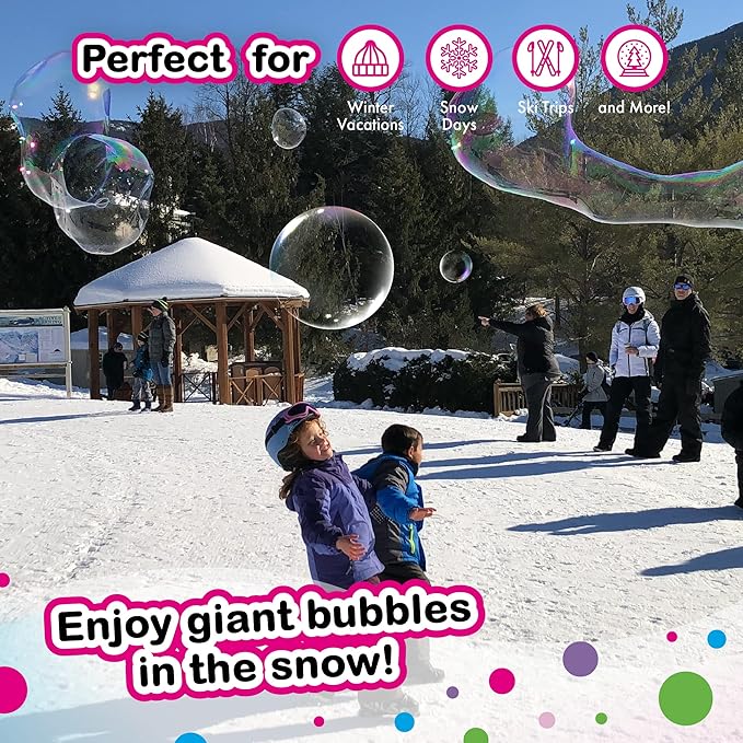 WOWMAZING Giant Bubble Kit Winter – Bubble Wand, 2 Big Bubbles Mix Pouches, 8 Cold-Activated Stickers for Outdoor Winter Fun |Bubbles Made in USA
