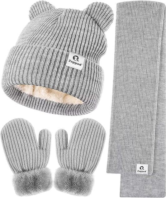 Baby Beanie Mittens Scarf Set,Toddler Infant Kids Winter Hat with Bear Ear Thermal Gloves Neck Warmer Set for Girls Boys