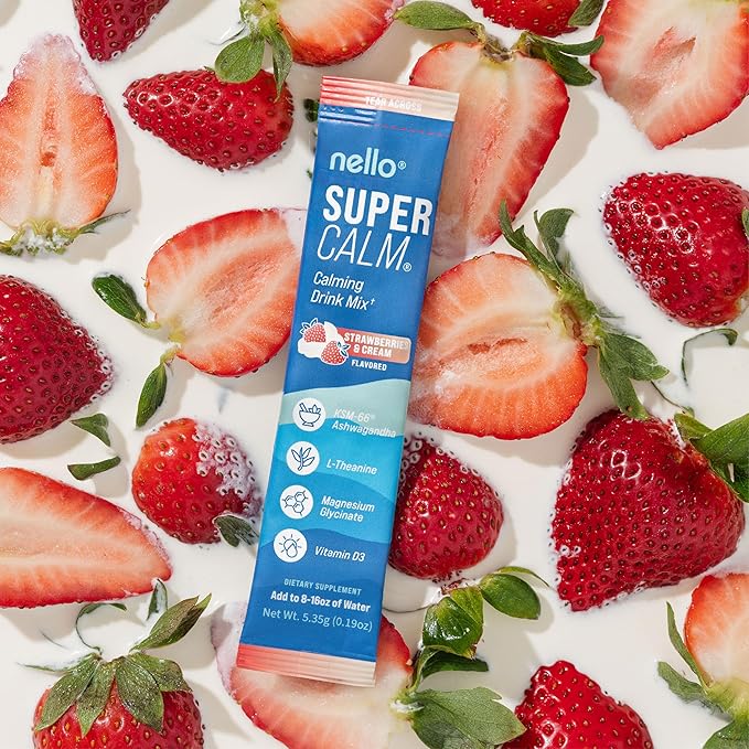 Supercalm Drink Mix - Ashwagandha KSM 66, Magnesium Glycinate & L-Theanine Supplement, Vitamin D3 - Ashwagandha Root Extract - Focus and Relaxation Support (20 Travel Packets) - Strawberries & Cream