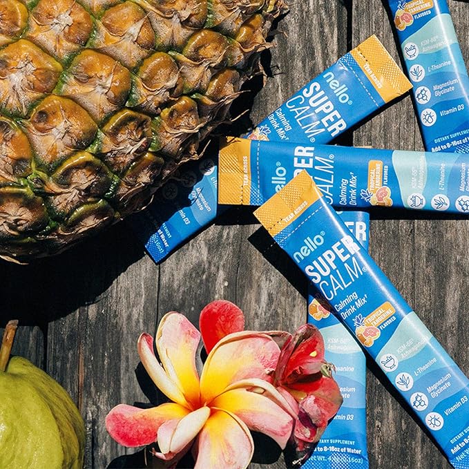 Nello Supercalm Powdered Drink Mix, Tropical Tangerine, L Theanine, Ksm-66 Ashwagandha, Magnesium Glycinate, Vitamin D 3, Supplements for Relaxation & Focus, Natural, No Sugar, Non GMO, 20 Srvg