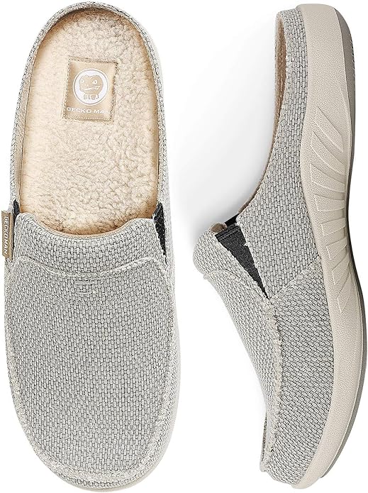 Mens Slippers with Arch Support, Canvas House Slipper for Men with Velvet Lining, Slip On Clog, Indoor Outdoor House Shoes with Anti-Skid Rubber Sole