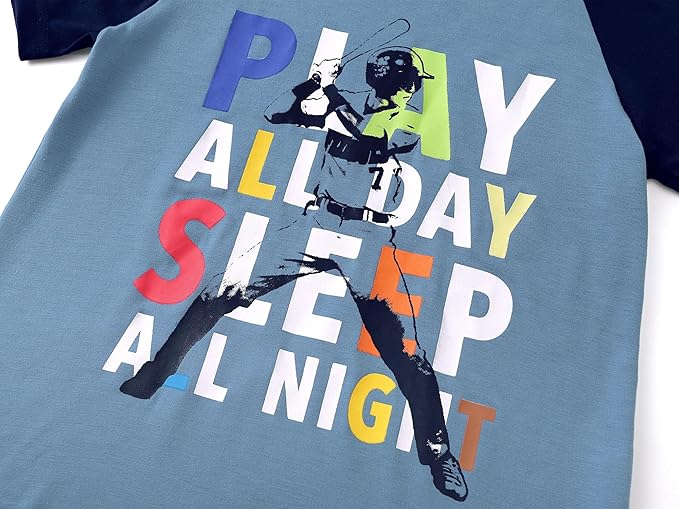 Tebbis Pajamas For Boys Fun Baseball Navy Blue Short Sleeves & Pants 2-Piece PJs Set Kid Comfy Sleepwear Size 6-18