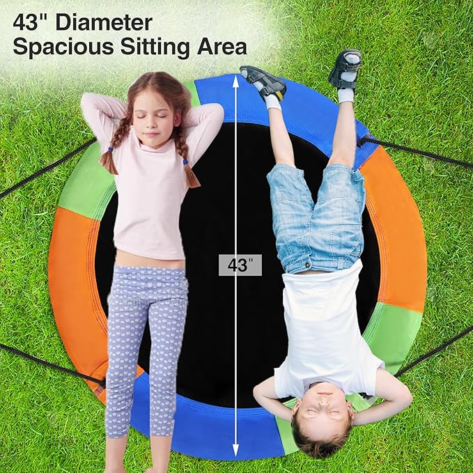RedSwing 43" Flying Saucer Tree Swing for Kids Outdoor, Waterproof Large Round Swings Seat with Adjustable Hanging Straps for Backyard Outdoor Indoor Playground, Green Orange Blue