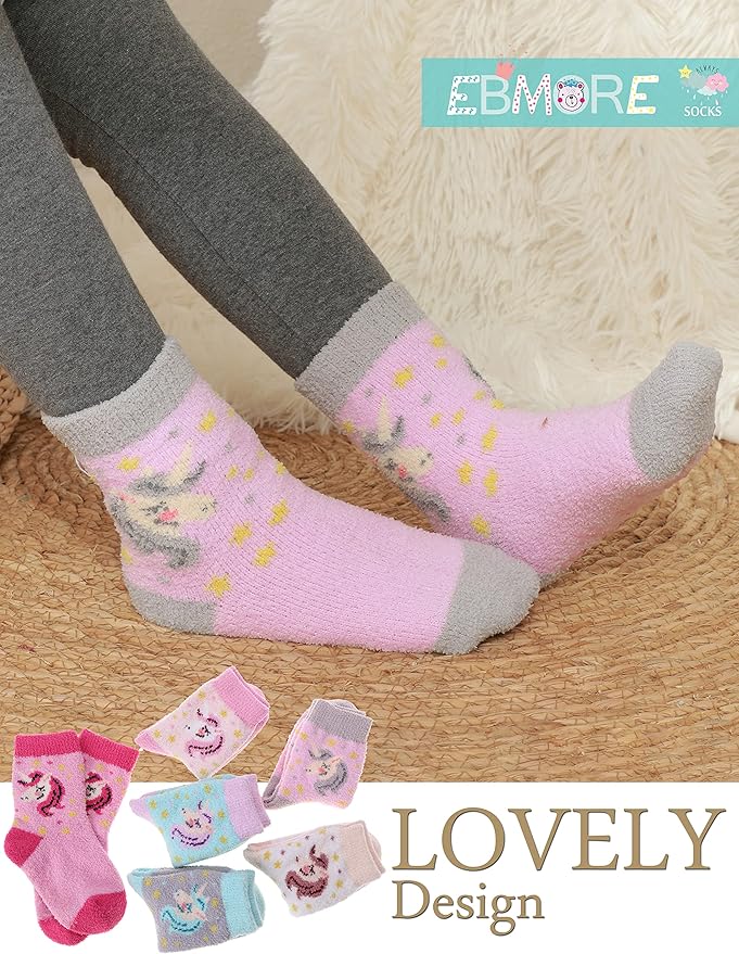 EBMORE Girls Kids Toddler Fuzzy Socks with Grips Non Slip Slipper Socks Crew Cabin Cozy Fluffy Warm Winter Socks 6 Pairs