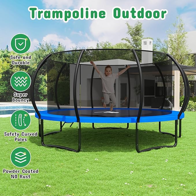 Polar Aurora 10FT 12FT 14FT 16FT Outdoor Trampoline with Safety Enclosure Net, Thickened Spring Pad，ASTM Approved Recreational Trampoline for Kids and Adults,Anti-Rust Coated Frame and Thickened Mat