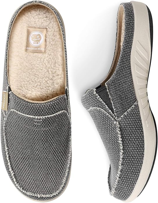 Mens Slippers with Arch Support, Canvas House Slipper for Men with Velvet Lining, Slip On Clog, Indoor Outdoor House Shoes with Anti-Skid Rubber Sole