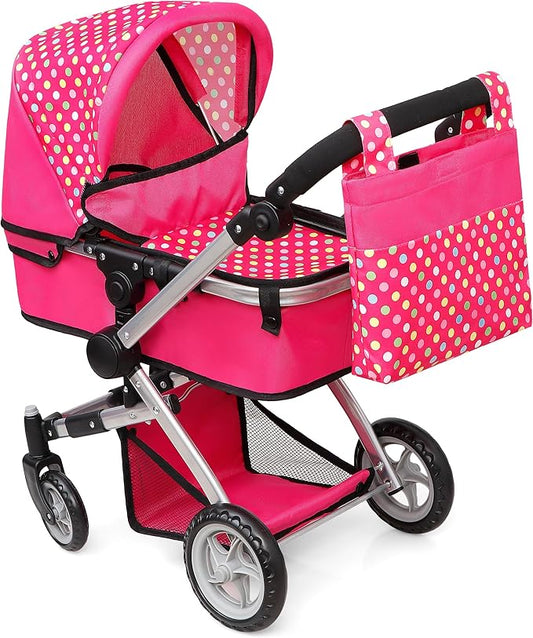 fash n kolor Foldable Pram for Baby Doll with Polka Dots Design with Swiveling Wheel Adjustable Handle