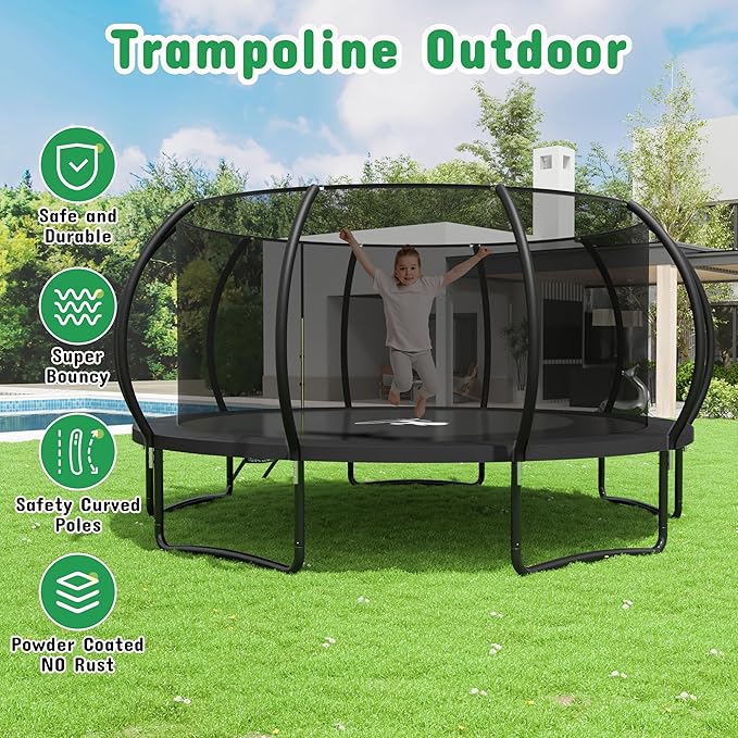 Polar Aurora 10FT 12FT 14FT 16FT Outdoor Trampoline with Safety Enclosure Net, Thickened Spring Pad，ASTM Approved Recreational Trampoline for Kids and Adults,Anti-Rust Coated Frame and Thickened Mat