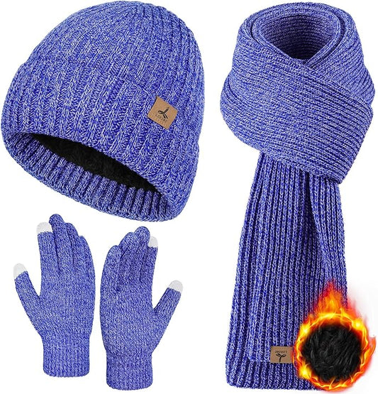 3 PCS Winter Hat Scarf Gloves Set, Soft Warm Knit Beanie Hat Touchscreen Gloves Long Knitted Scarf Set Winter Gifts for Men