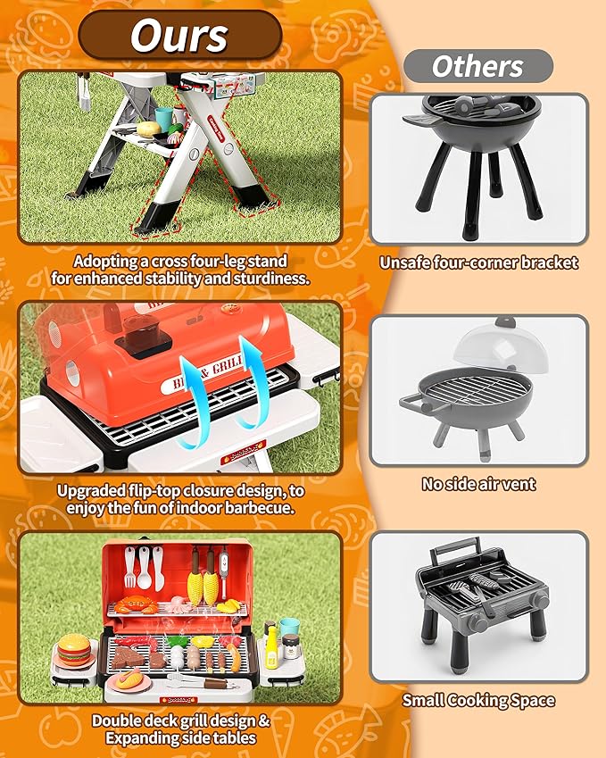 60pcs Kids Play Kitchen Toys for Kids, Outdoor BBQ Grill Playset with Smoke Sound & Light, Play Toy Grill Set for Toddlers Boys Girls 3 4 5 6 7 8