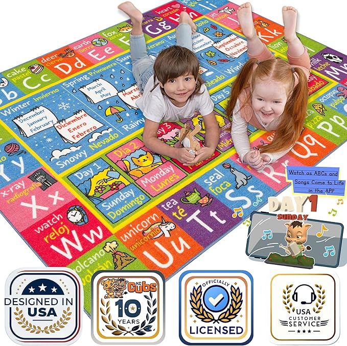 KC Cubs 5x7 ABC Alphabet, Seasons, Months & Days Rug – Educational Play Mat Carpet for Kids, Toddlers, Nursery, Classroom, Playroom, Baby Daycare