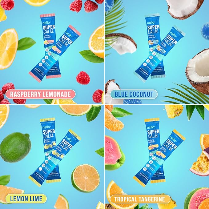 Nello Supercalm Drink Mix - Ashwagandha KSM 66, Magnesium Glycinate & L-Theanine Supplement, Vitamin D3 - Ashwagandha Root Extract - Focus and Relaxation Support (20 Travel Packets) - Variety Pack