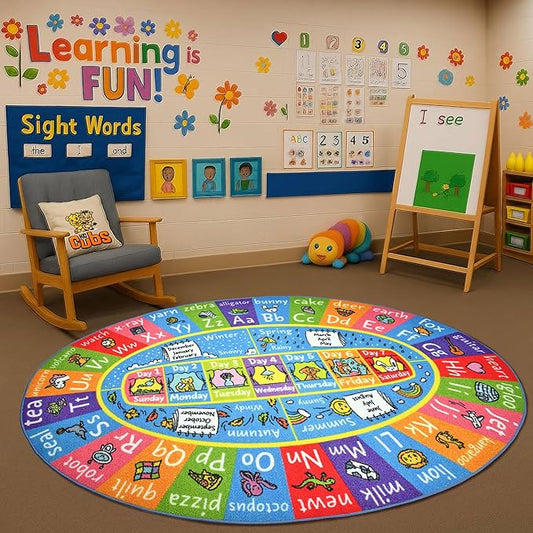 KC Cubs ABC Alphabet, Seasons, Months and Days of The Week Educational Learning & Fun Game Play Area Non Slip Boy & Girl Kids Rug Carpet for Children Bedroom, Toddler Classroom & Baby Playroom Mat