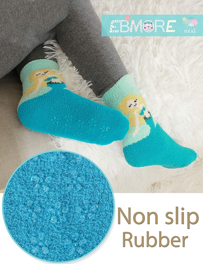EBMORE Girls Kids Toddler Fuzzy Socks with Grips Non Slip Slipper Socks Crew Cabin Cozy Fluffy Warm Winter Socks 6 Pairs