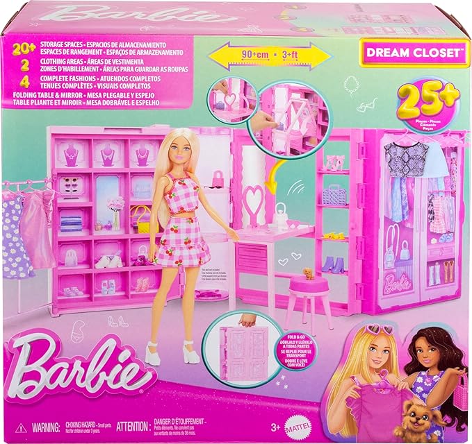 Barbie Dream Closet Toy Playset with Clothes & Accessories, 3-ft-Wide with 25+ Pieces, 4 Complete Fashion Looks