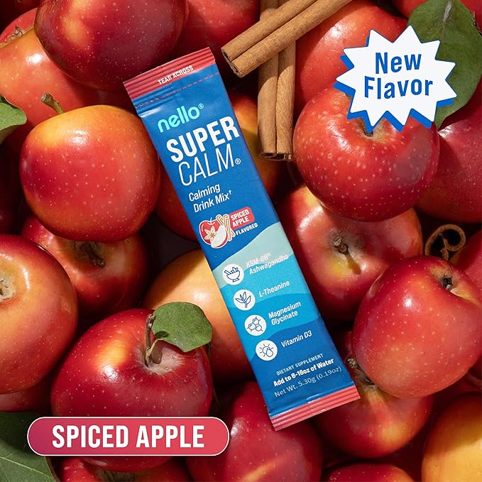 Nello Supercalm Drink Mix – Ashwagandha KSM-66, Magnesium Glycinate, L-Theanine & Vitamin D3 Supplement, Spiced Apple Flavor (20 Travel Packets)