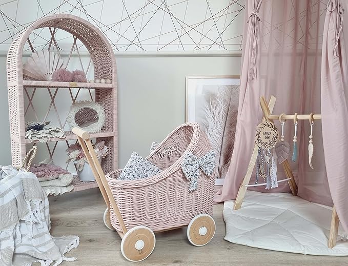Handmade Rattan Doll Stroller with Bedding - European Artisan Crafted for 17 inch Dolls, Pink with Ivory Flowers | Doll Pram, Baby Walker Toy for Imaginative Play & Role Play | Gift for Girls