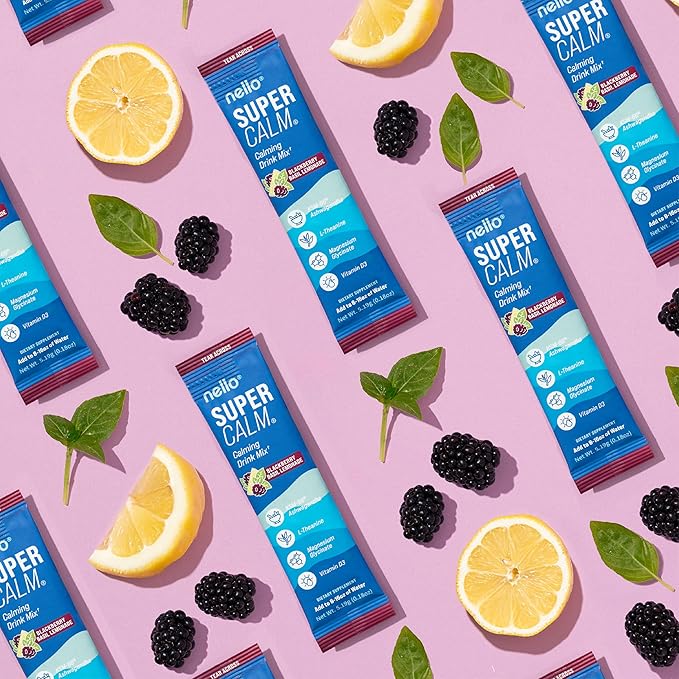 Supercalm Drink Mix -Ashwagandha KSM 66, Magnesium Glycinate & L-Theanine Supplement, Vitamin D3- Ashwagandha Root Extract- Focus and Relaxation Support (20 Travel Packets)- Blackberry Basil Lemonade